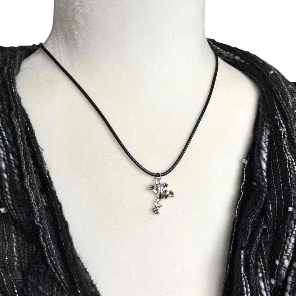 Silver Tone Frog Pendant on Black Cord Necklace